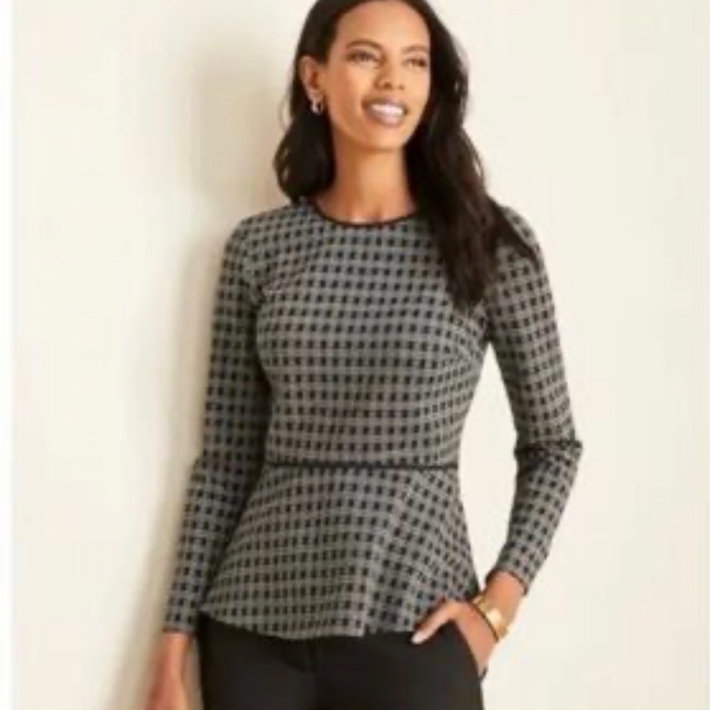 Ann Taylor Black and Gray Plaid Business Casual Peplum Top Blouse